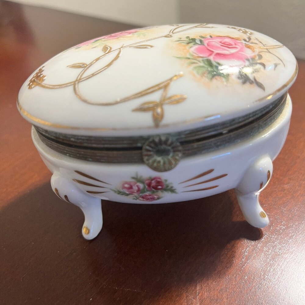 Vintage Footed Porcelain Trinket Box, Pink Roses
